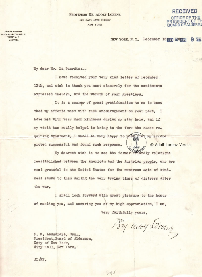 Prof. Adolf Lorenz´ Brief vom 15.12.1921