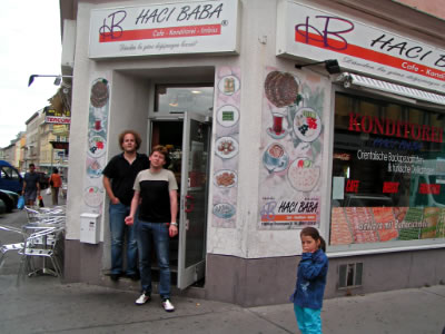 21 Michael and Jacopo in front of a Turkish pastry shop at the Brunnenmarkt in the district of Ottakring
