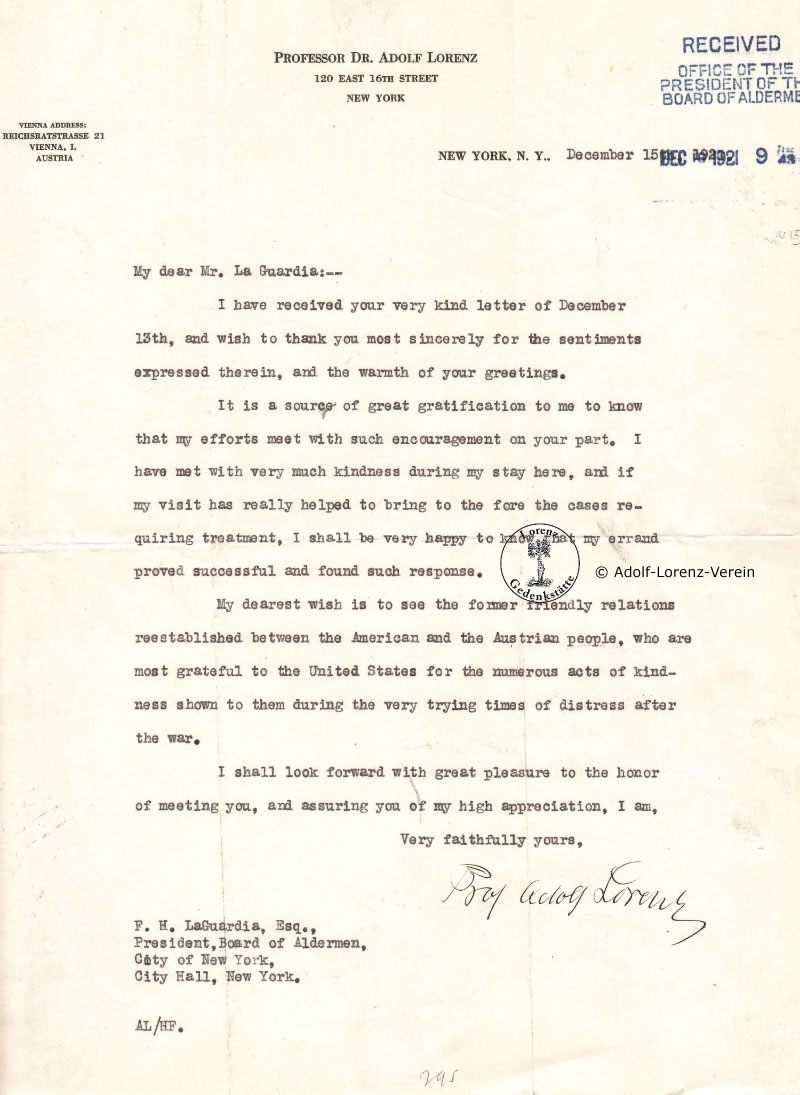 Prof. Adolf Lorenz Brief vom 15.12.1921